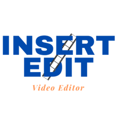 Insert Edit logo. Blauwe en oranje tekst met een filmlint door de woorden Insert Edit