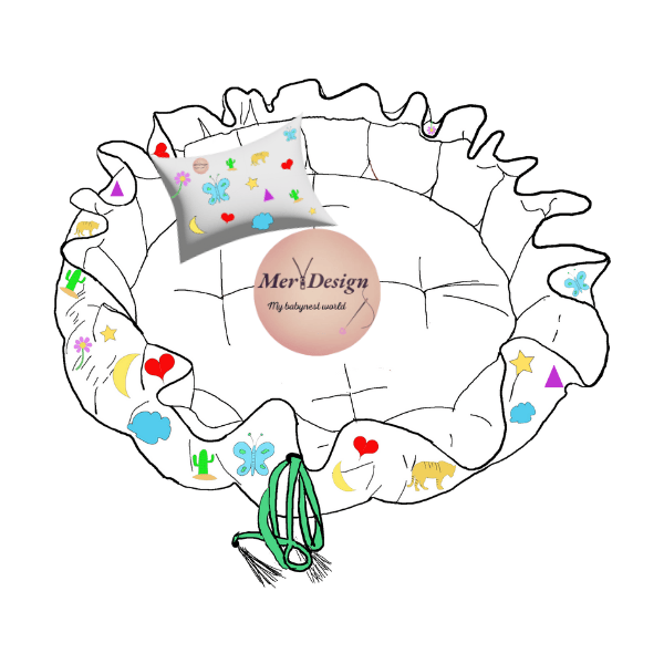 Ontwerp Babynest met gekleurde diertjes van Merv Design.